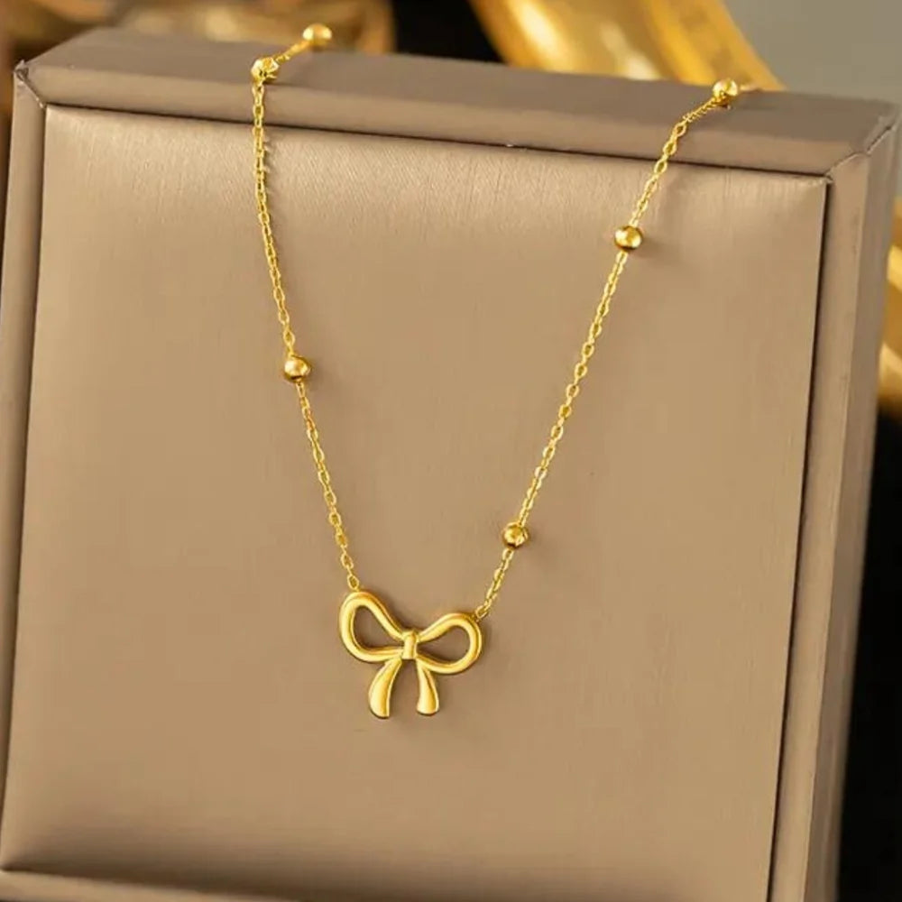 Elegant Beads Chain Bow Necklace – 18K Gold Plated, Anti-Tarnish & LightweightGold Plated Necklace