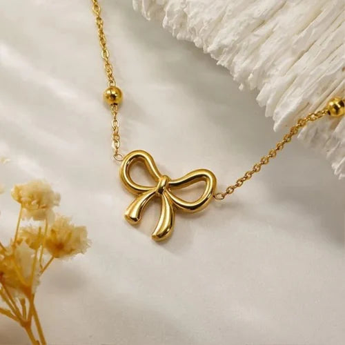 Elegant Beads Chain Bow Necklace – 18K Gold Plated, Anti-Tarnish & LightweightGold Plated Necklace