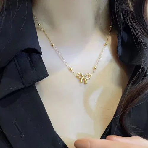 Elegant Beads Chain Bow Necklace – 18K Gold Plated, Anti-Tarnish & LightweightGold Plated Necklace