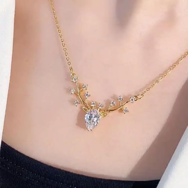 Elegant Gold Plated Deer Necklace with Crystal Pendant for Women & Girls