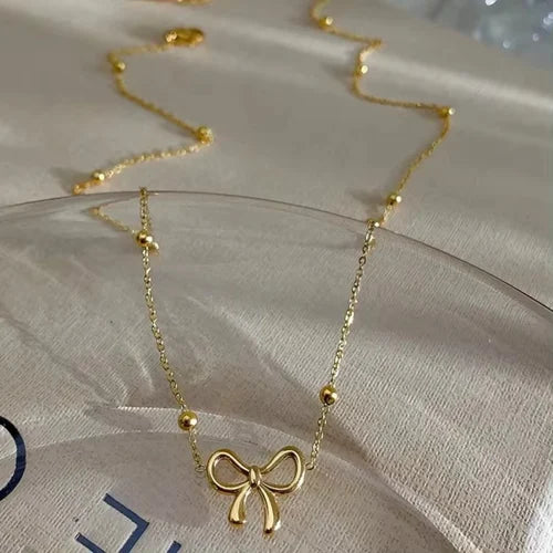 Elegant Beads Chain Bow Necklace – 18K Gold Plated, Anti-Tarnish & LightweightGold Plated Necklace
