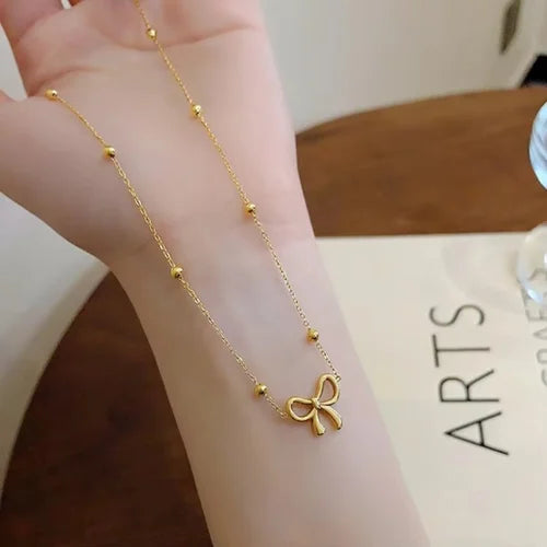 Elegant Beads Chain Bow Necklace – 18K Gold Plated, Anti-Tarnish & LightweightGold Plated Necklace