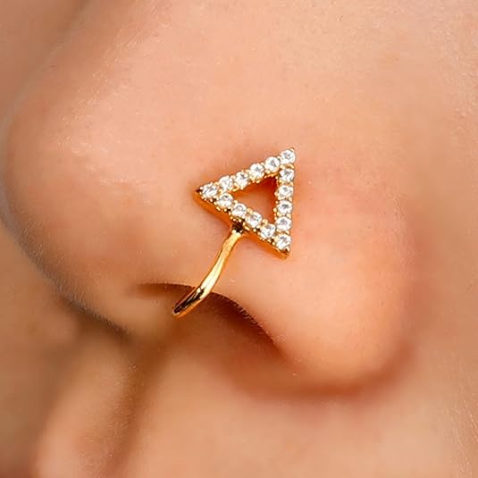 Triangle Shape Nose Pin for Women – Gold Colour Clip-On Non-Piercing Nose Ring