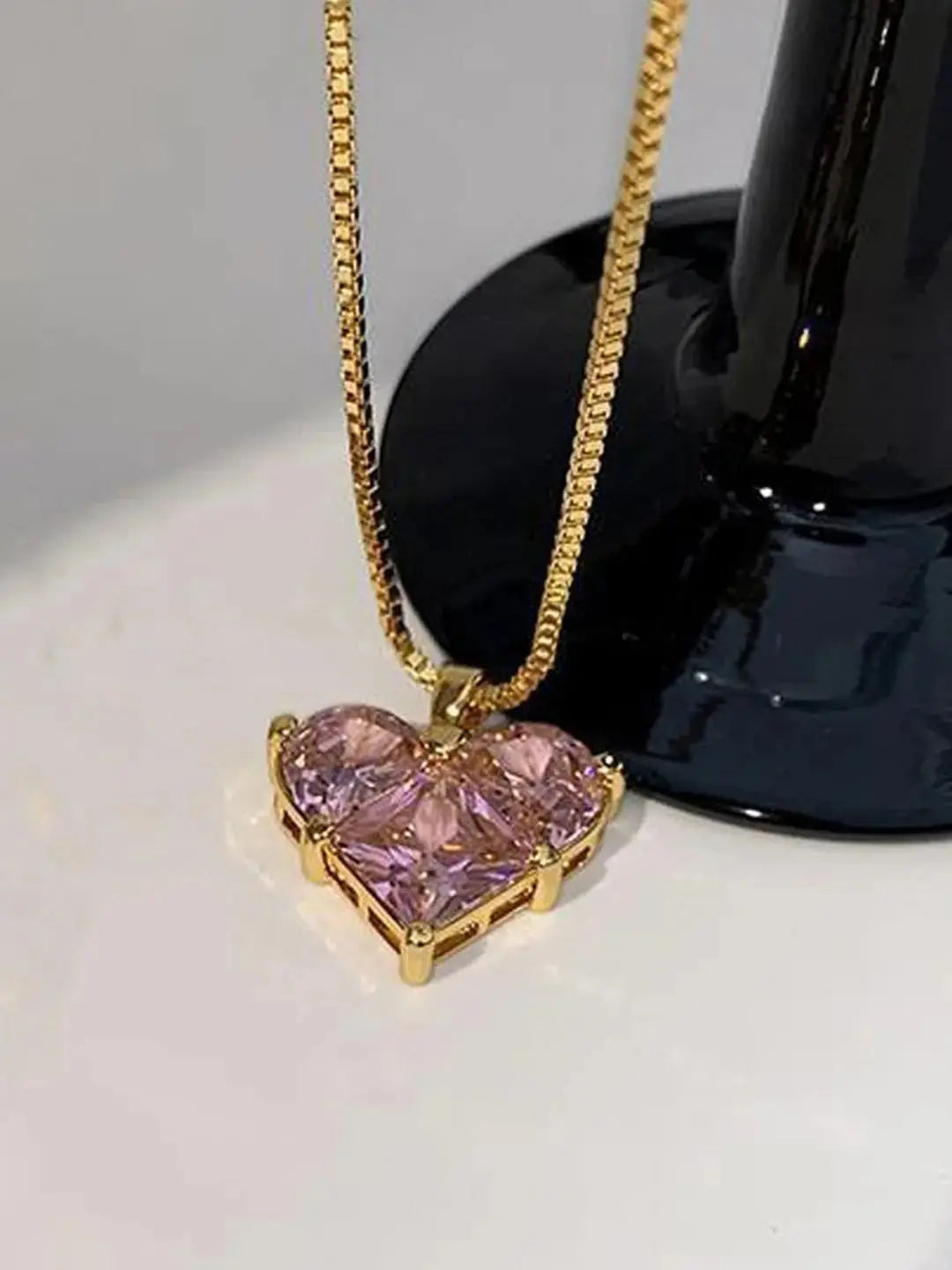 Aurelva Gold-Plated Heart Pendant Necklace with Pink CZ Stones, 45cm Cable Chain, Modern Geometric Design Aurelva