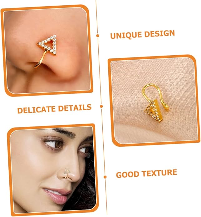 Triangle Shape Nose Pin for Women – Gold Colour Clip-On Non-Piercing Nose Ring