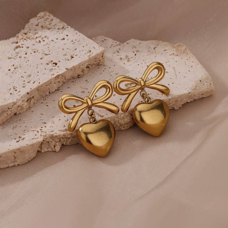 Gold Plated Bow & Heart Drop Earrings – Anti-Tarnish, Elegant & Lightweight