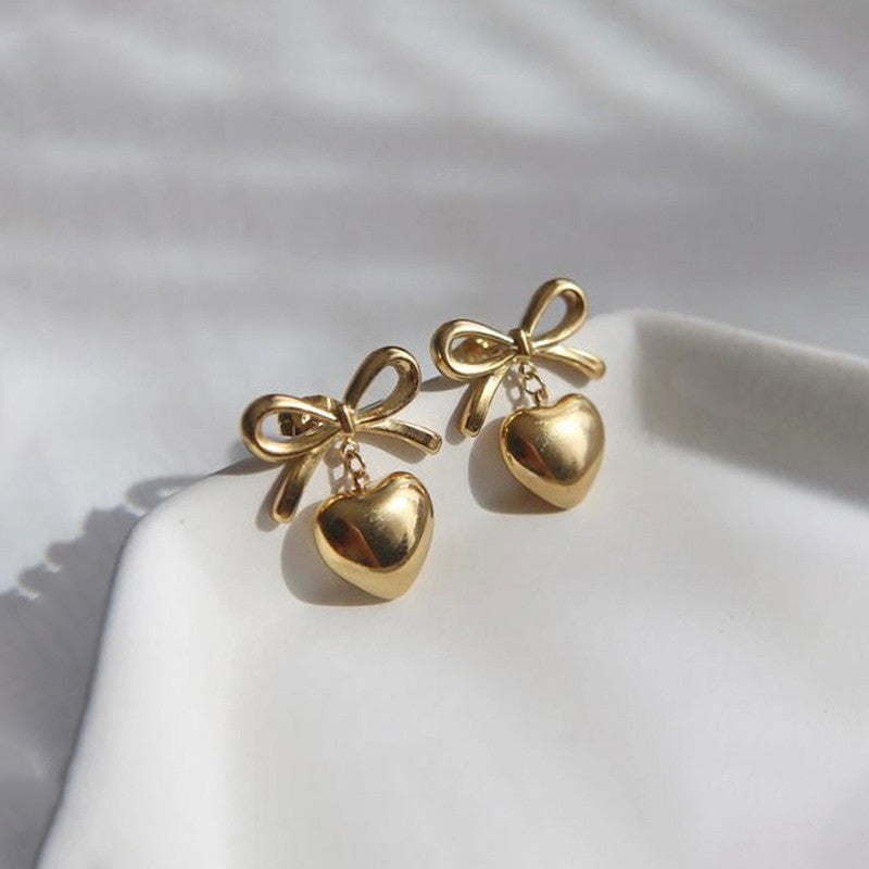 Gold Plated Bow & Heart Drop Earrings – Anti-Tarnish, Elegant & Lightweight