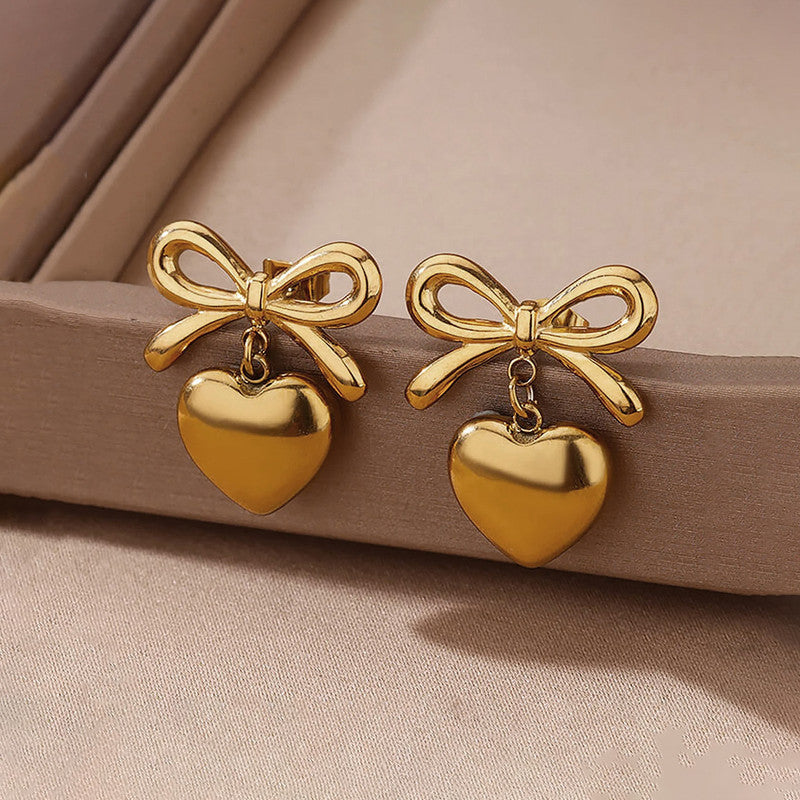 Gold Plated Bow & Heart Drop Earrings – Anti-Tarnish, Elegant & Lightweight