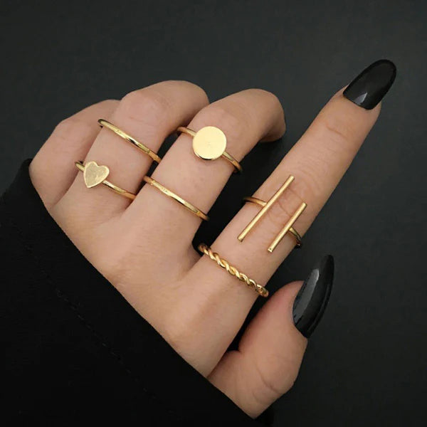 Gold Plated Stackable Rings Set – Contemporary Adjustable Rings for Women (Set of 6)
