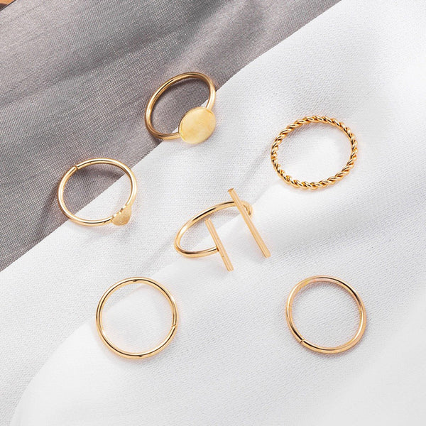 Gold Plated Stackable Rings Set – Contemporary Adjustable Rings for Women (Set of 6)