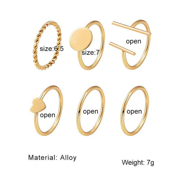 Gold Plated Stackable Rings Set – Contemporary Adjustable Rings for Women (Set of 6)