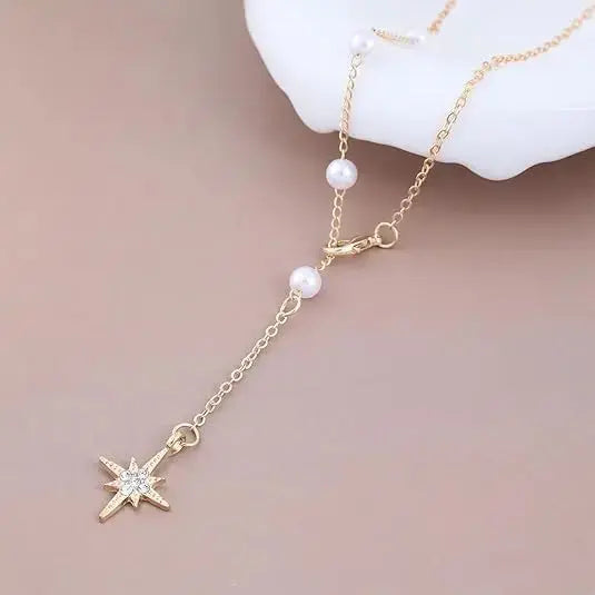 Vintage North Star Drop Y Necklace with Boho Pearl Aurelva