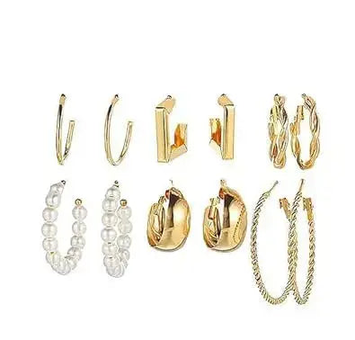 Aurelva Gold Plated Hoop Earrings Set for Women and Girls, 6 Pairs Combo | Pearl, Twisted & Chunky Hoops | Stylish Korean Fashion Jewellery Aurelva