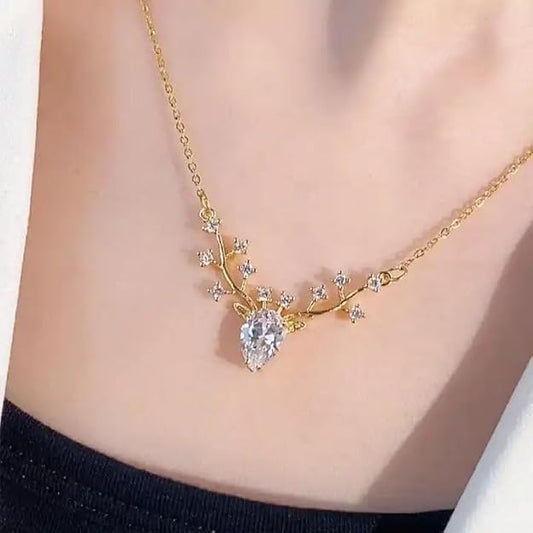 Elegant Gold Plated Deer Necklace with Crystal Pendant for Women & Girls