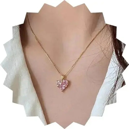 Aurelva Gold-Plated Heart Pendant Necklace with Pink CZ Stones, 45cm Cable Chain, Modern Geometric Design Aurelva