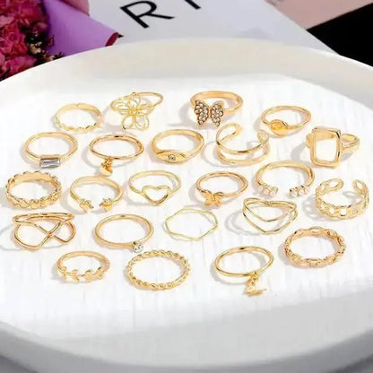 Aurelva 23 Pcs Combo Latest Stylish Gold Plated Stackable Finger Rings Set for Women Girls | Adjustable Butterfly Heart Pearl Rings Jewellery Gift Set Aurelva
