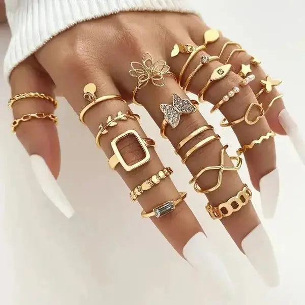 Aurelva 23 Pcs Combo Latest Stylish Gold Plated Stackable Finger Rings Set for Women Girls | Adjustable Butterfly Heart Pearl Rings Jewellery Gift Set Aurelva