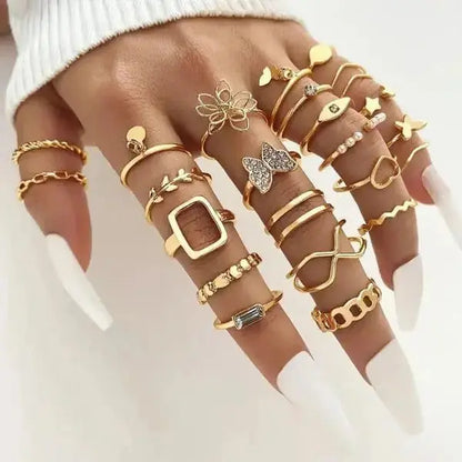 Aurelva 23 Pcs Combo Latest Stylish Gold Plated Stackable Finger Rings Set for Women Girls | Adjustable Butterfly Heart Pearl Rings Jewellery Gift Set Aurelva