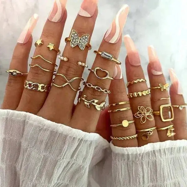 Aurelva 23 Pcs Combo Latest Stylish Gold Plated Stackable Finger Rings Set for Women Girls | Adjustable Butterfly Heart Pearl Rings Jewellery Gift Set Aurelva