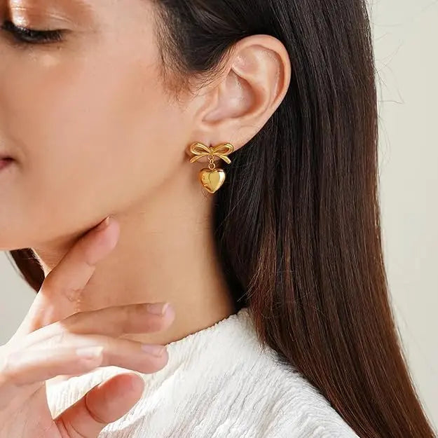 Aurelva Gold-Plated Bow and Heart Drop Earrings for Women | Anti-Tarnish Aesthetic Dangle Earrings | Fashion Jewelry Gift for Girlfriend, Wife Aurelva