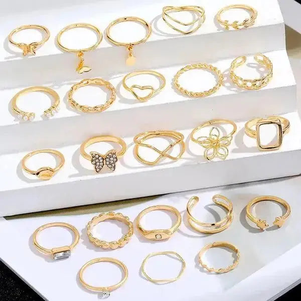 Aurelva 23 Pcs Combo Latest Stylish Gold Plated Stackable Finger Rings Set for Women Girls | Adjustable Butterfly Heart Pearl Rings Jewellery Gift Set Aurelva