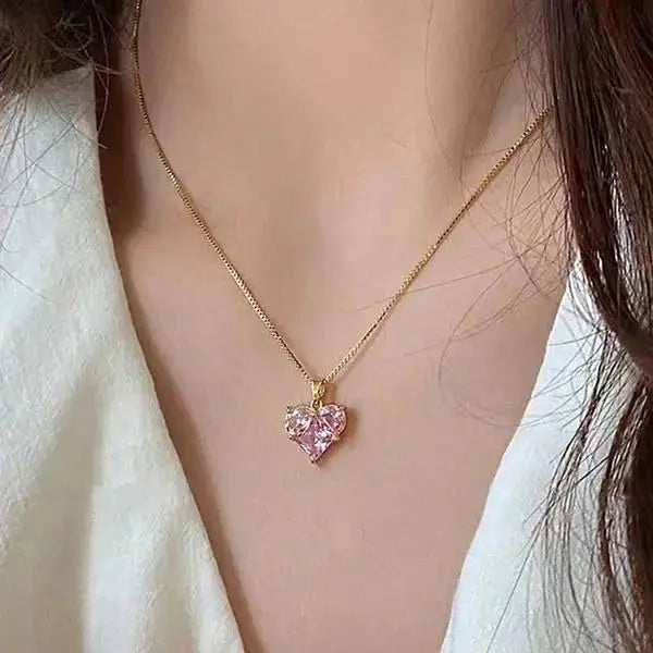 Aurelva Gold-Plated Heart Pendant Necklace with Pink CZ Stones, 45cm Cable Chain, Modern Geometric Design Aurelva