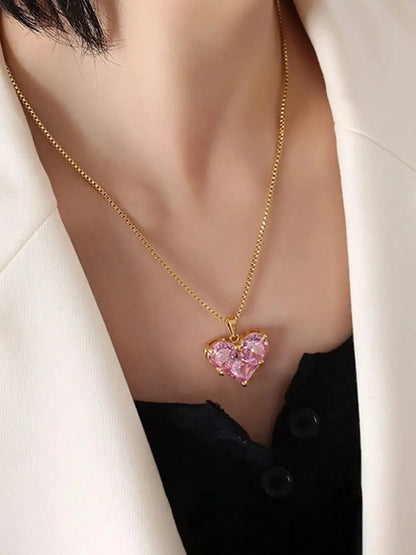 Aurelva Gold-Plated Heart Pendant Necklace with Pink CZ Stones, 45cm Cable Chain, Modern Geometric Design Aurelva