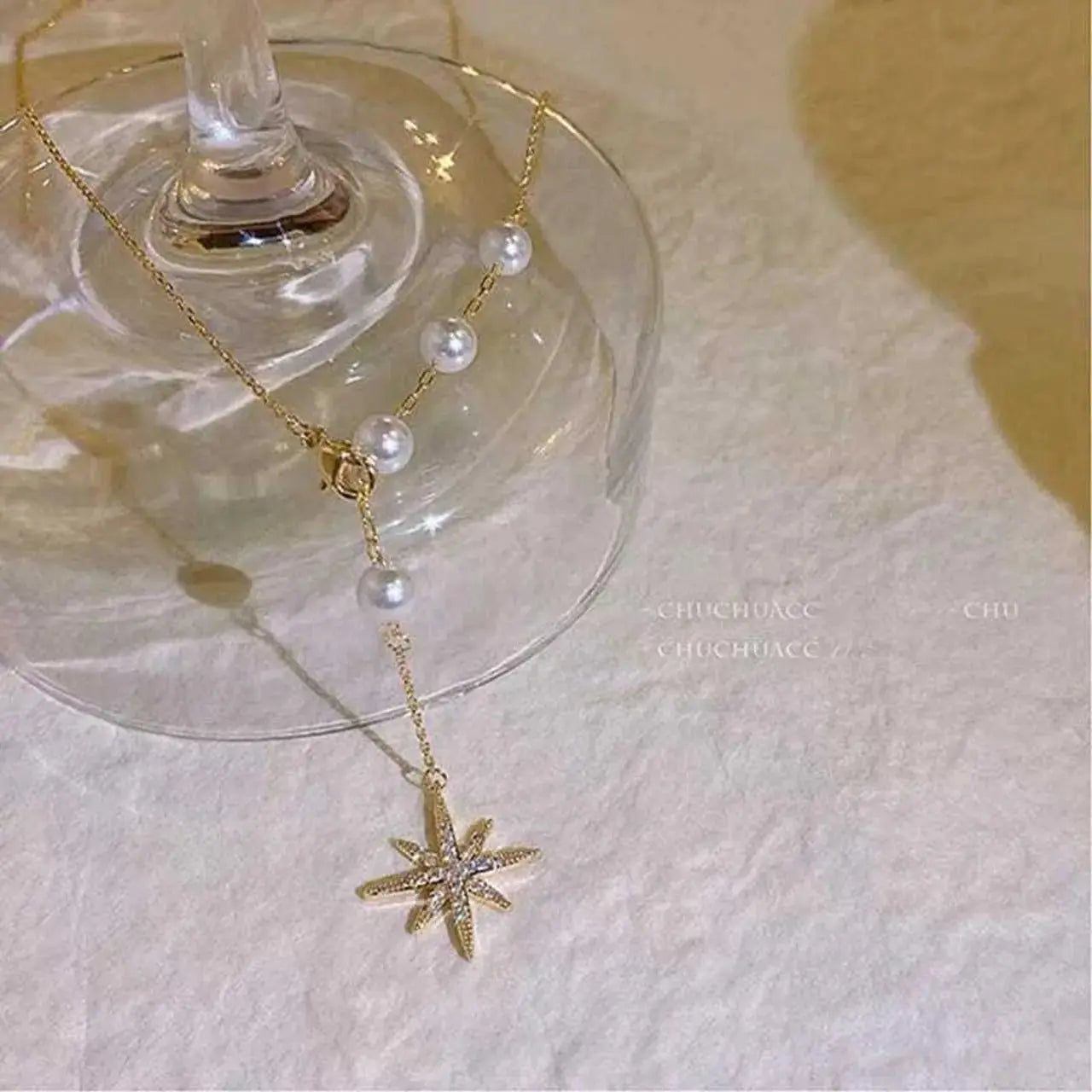 Vintage North Star Drop Y Necklace with Boho Pearl Aurelva