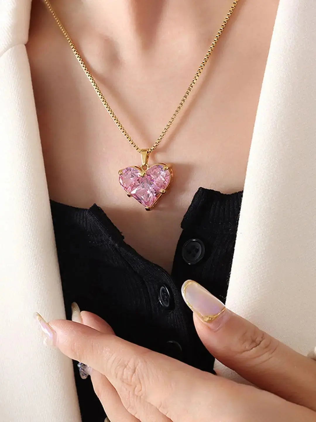 Aurelva Gold-Plated Heart Pendant Necklace with Pink CZ Stones, 45cm Cable Chain, Modern Geometric Design Aurelva