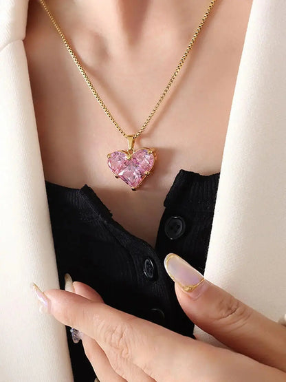 Aurelva Gold-Plated Heart Pendant Necklace with Pink CZ Stones, 45cm Cable Chain, Modern Geometric Design Aurelva