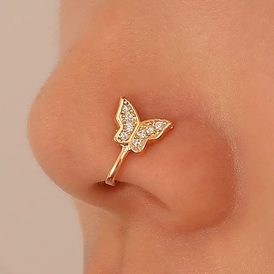 Butterfly Nose Pin for Women and Girls – Non-Piercing Gold Colour Nose Ring