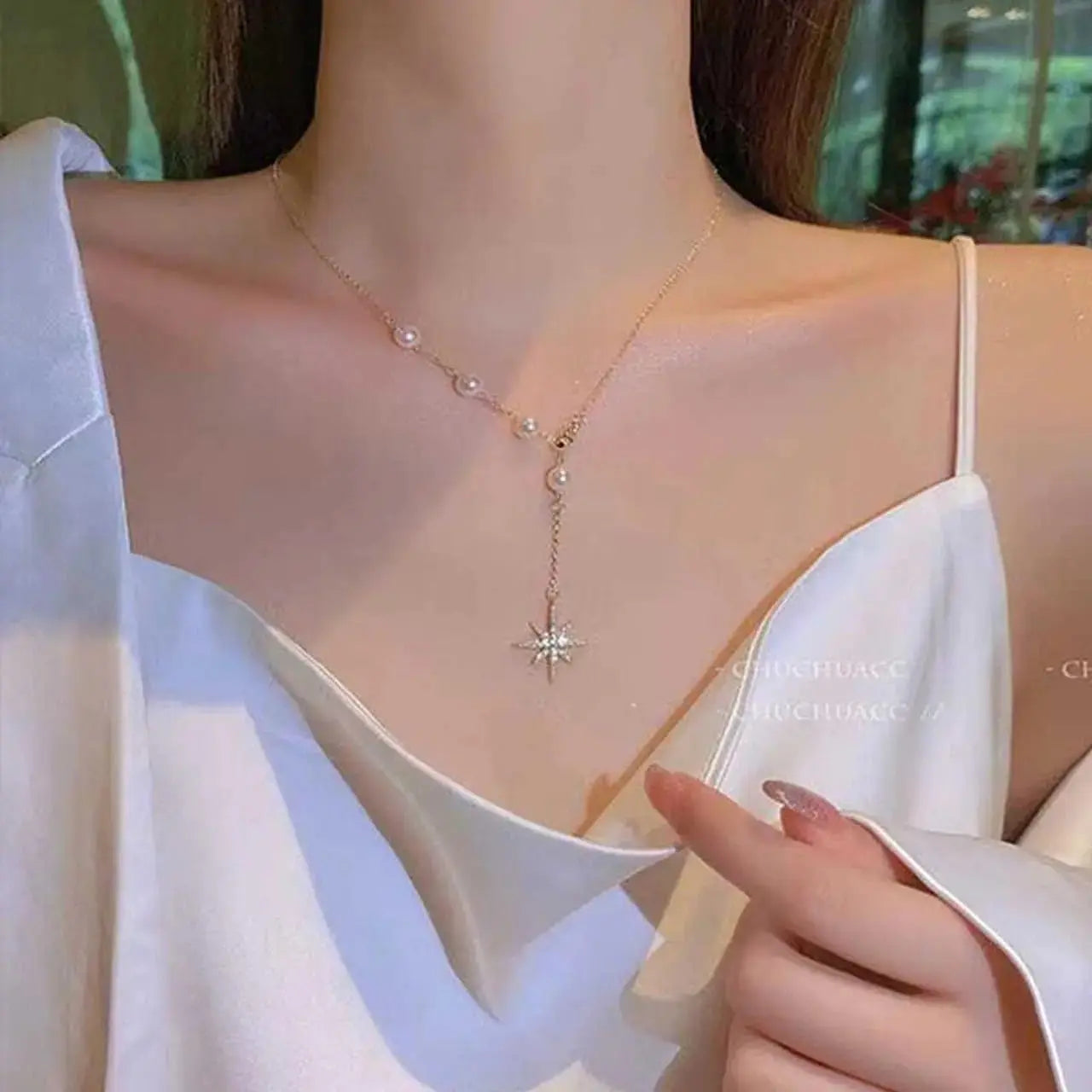 Vintage North Star Drop Y Necklace with Boho Pearl Aurelva