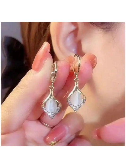 Water Drop Design with Crystal Accents and Opal Centre Earring Aurelva