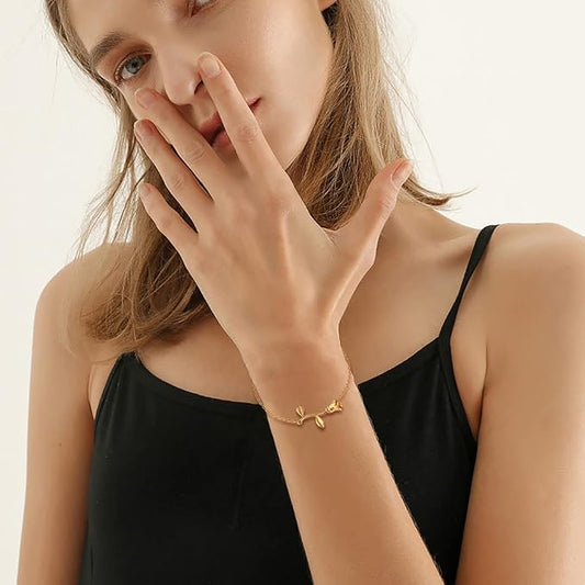 Elegant Rose Charm Adjustable Bracelet for Women & Girls – Gold Plated Floral Design