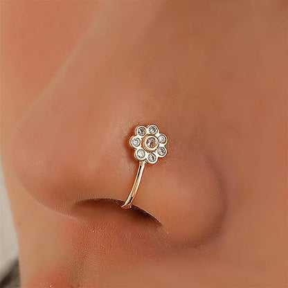 Floral Design Gold Nose Pin for Women – Non-Piercing Clip-On Nose Ring (Adjustable)