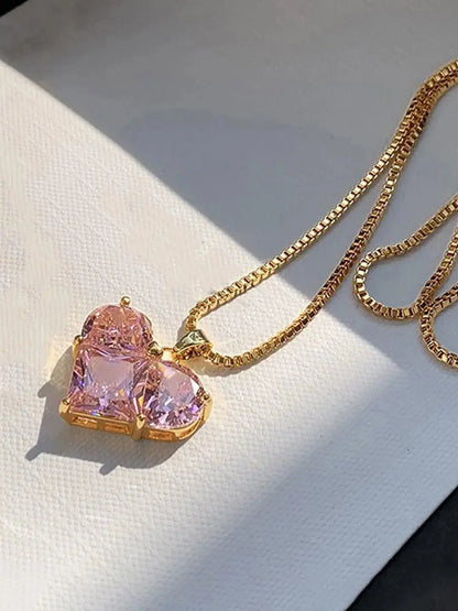 Aurelva Gold-Plated Heart Pendant Necklace with Pink CZ Stones, 45cm Cable Chain, Modern Geometric Design Aurelva
