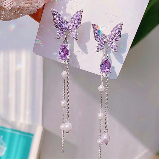 Purple Butterfly Pearl Drop Earrings with AD Stones – Western Party Wear Earrings for Women & Girls