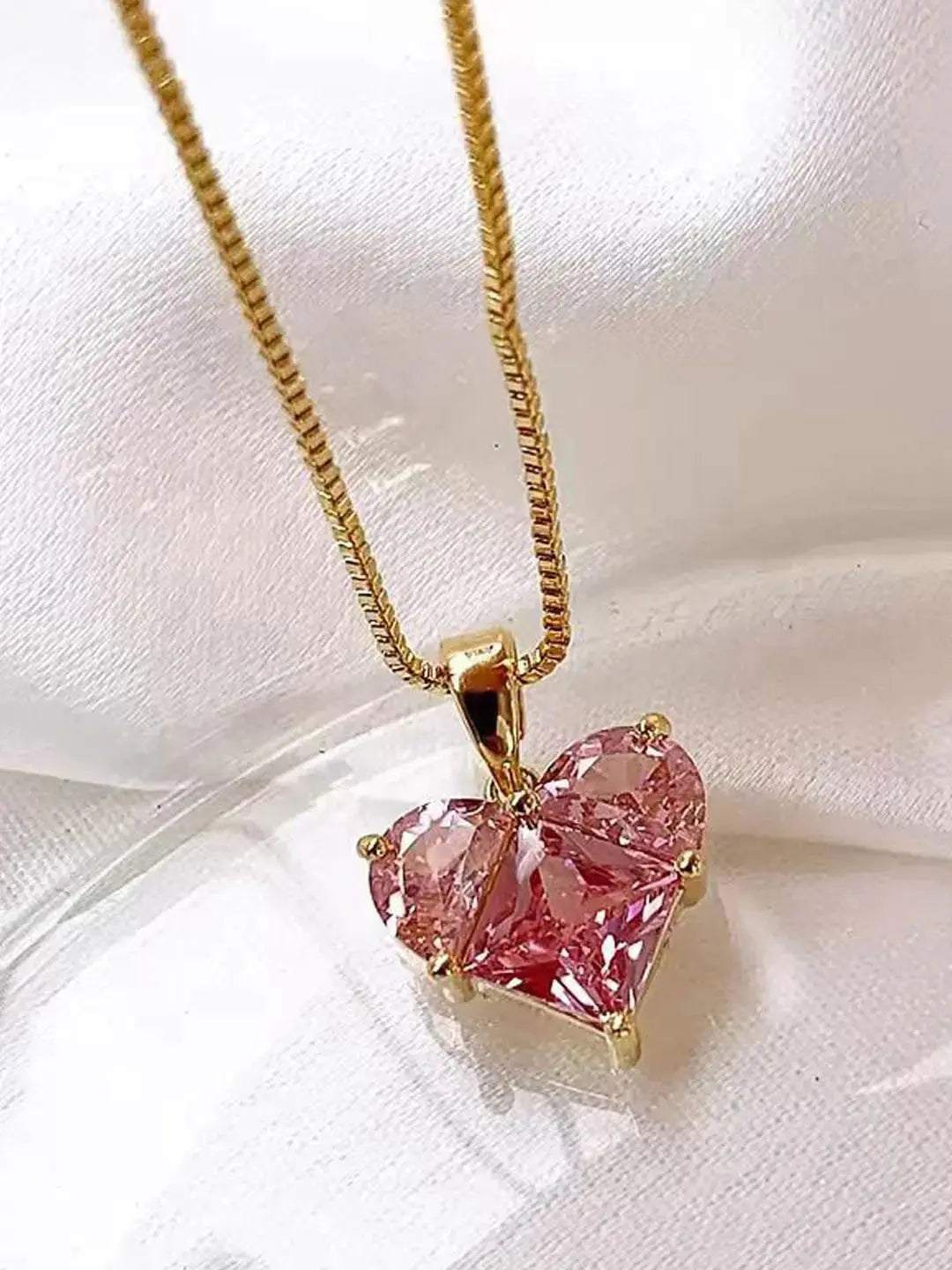 Aurelva Gold-Plated Heart Pendant Necklace with Pink CZ Stones, 45cm Cable Chain, Modern Geometric Design Aurelva