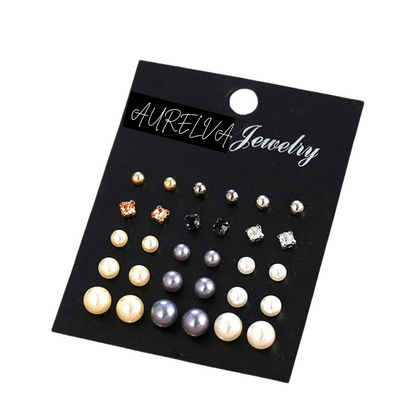 Gold Plated Multicolor 15-Pair Stud Earrings Set – Elegant & Versatile Collection for Women