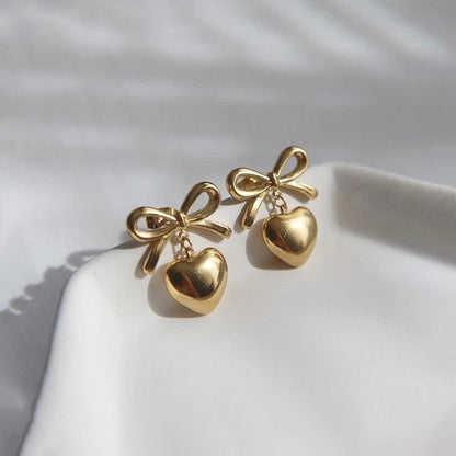 Gold Plated Bow & Heart Drop Earrings – Anti-Tarnish, Elegant & Lightweight