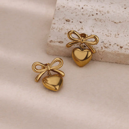 Gold Plated Bow & Heart Drop Earrings – Anti-Tarnish, Elegant & Lightweight