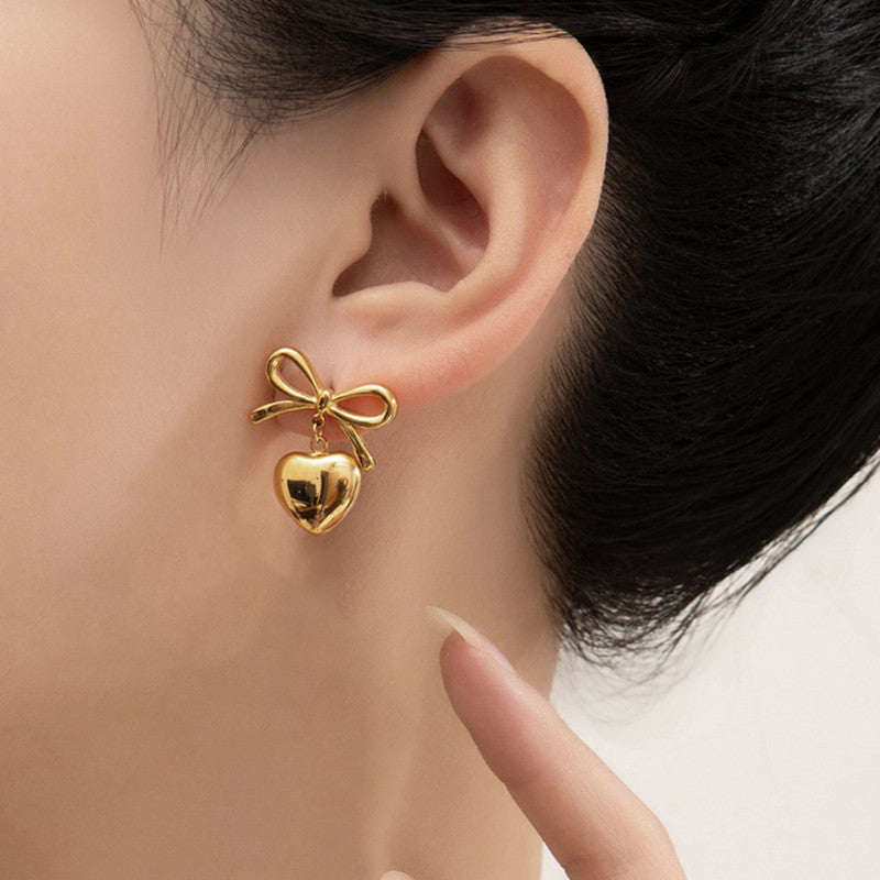 Gold Plated Bow & Heart Drop Earrings – Anti-Tarnish, Elegant & Lightweight