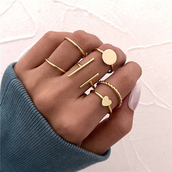 Gold Plated Stackable Rings Set – Contemporary Adjustable Rings for Women (Set of 6)
